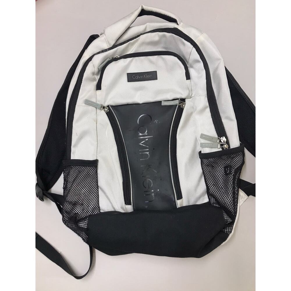 Calvin Klein Backpack Silver Black Laptop Bookbag Multi Pocket School $139.50